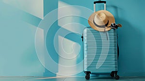 The blue suitcase with hat.AI generated image