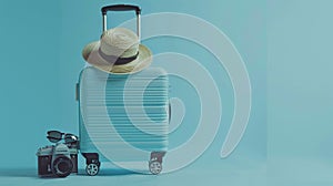 The blue suitcase and hat. AI generated