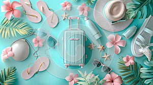 A Blue suitcase nestled among Pink flowers and leaves