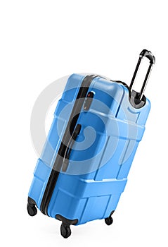 Blue suitcase plastic on two wheels