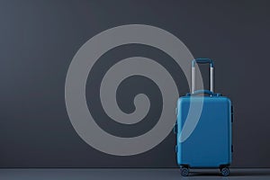 a blue suitcase is sitting in front of a black wall