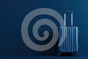 a blue suitcase is sitting in front of a blue wall