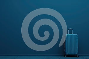 a blue suitcase is sitting in front of a blue wall