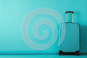 a blue suitcase is sitting in front of a blue wall