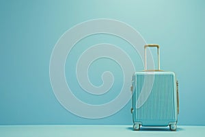 a blue suitcase is sitting in front of a blue wall