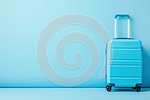a blue suitcase is sitting in front of a blue wall