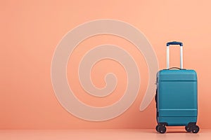 a blue suitcase is sitting in front of a pink wall