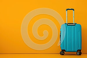 a blue suitcase is sitting in front of a yellow wall