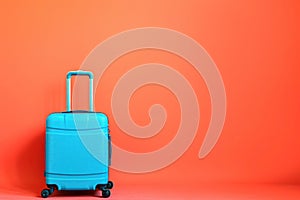 a blue suitcase is sitting on a red background