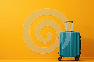 a blue suitcase is sitting on a yellow background