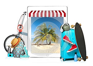 The blue suitcase, sneakers, clothing, hat, and laotop on white background. The travel, tourism holidays concept