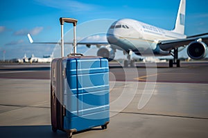 Blue suitcase for travel at the airport on the background of the plane