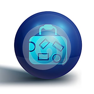 Blue Suitcase for travel icon isolated on white background. Traveling baggage sign. Travel luggage icon. Blue circle