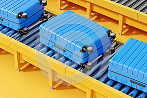 Blue suitcases on a conveyor belt, digital illustration, against a yellow background, concept of travel and baggage handling, 3D