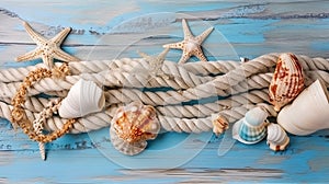 Blue summer background with shells. Illustration AI Generative