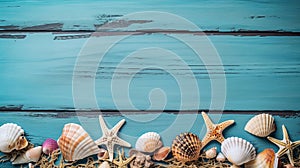 Blue summer background with shells. Illustration AI Generative