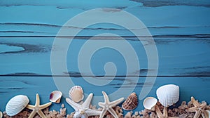 Blue summer background with shells. Illustration AI Generative