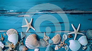 Blue summer background with shells. Illustration AI Generative