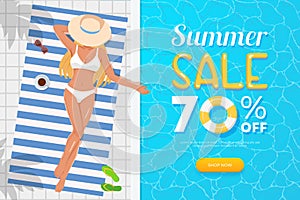 Blue summer sale banner. Top view on summer decoration with girl, pool and objects. Concept of seasonal vacation