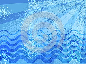 Blue summer sea cartoon abstract background. Grunge spotted halftones modern backdrop. Distress damaged wave and sun rays overlay