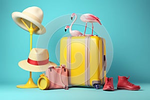 blue summer travel yellow holiday suitcase vacation concept sunglasses flamingo background. Generative AI.