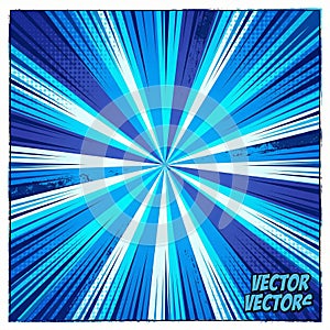 Comic background. Blue Sunburst pattern. Sun rays abstract backdrop. Vector illustration