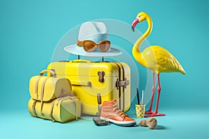 blue sunglasses concept inflatable flamingo travel yellow vacation suitcase summer background. Generative AI.