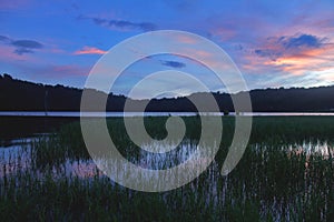 Blue sunrise sky colors over the lake. Tranquil morning view with green grass on the water. Nature landscape background