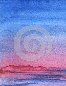 Blue sunset landscape. Mountains evening. Silhouettes of purple pink mountains on far side of lake or river. Hand-drawn abstract