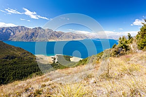 Blue surface of Lake Hawea, Central Otago, NZ