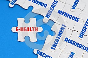 On the blue surface, puzzles with medical inscriptions, on a separate puzzle it is written - E-HEALTH