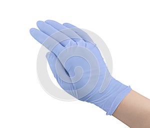 Blue surgical medical gloves isolated on white background with hands. Rubber glove manufacturing, human hand is wearing a latex gl