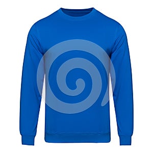 Blue sweatshirt mockup. Pullover long sleeve, clipping path, isolated on white background. Template mens sweatshirt