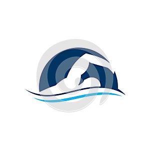 Blue swimming logo with abstract man silhouette. Swimming Club Logo Design.