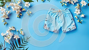 Blue swimming trunks with floral pattern flat lay surrounded by spring flowers