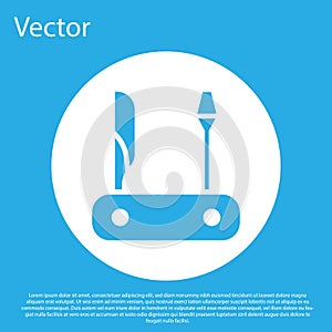 Blue Swiss army knife icon isolated on blue background. Multi-tool, multipurpose penknife. Multifunctional tool. White