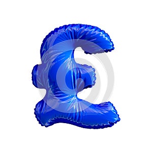 Blue symbol pound sterling made of inflatable balloon isolated on white background.