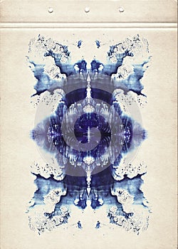 Blue symmetric watercolor spot. Abstract watercolor painting on old paper. Multicolored Smudged Texture Background. Freehand Drawi