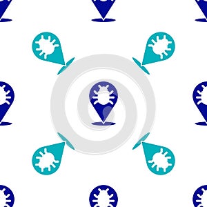 Blue System bug concept icon isolated seamless pattern on white background. Code bug concept. Bug in the system. Bug