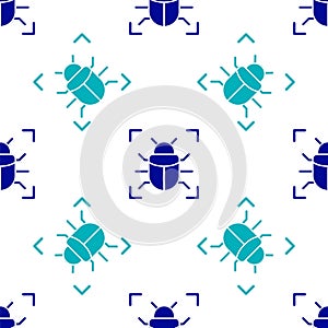 Blue System bug concept icon isolated seamless pattern on white background. Code bug concept. Bug in the system. Bug