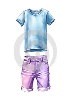 Blue T-shirt and denim purple shorts isolated on white background.