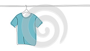 Blue t-shirt - one continuous line drawing. Clean shirt on a hanger - concept for laundry or shop. Man shirt
