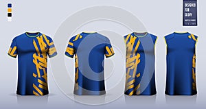 Blue T-shirt sport, Soccer jersey, football kit, basketball uniform, tank top, and running singlet mockup. Fabric pattern design.