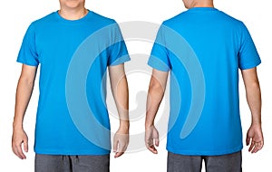 Blue t-shirt on a young man isolated on white background. Front and back view