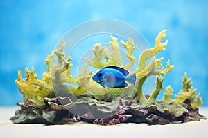 blue tang fish grazing on algae on coral