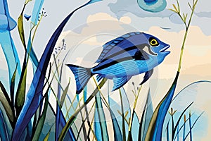 Blue Tang Fish Vector watercolor. Beautiful floral bouquets isolated on white illustration AI technologyI