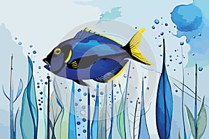 Blue Tang Fish Vector watercolor. Beautiful floral bouquets isolated on white illustration AI technologyI