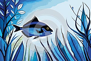 Blue Tang Fish Vector watercolor. Beautiful floral bouquets isolated on white illustration AI technologyI