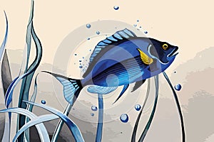 Blue Tang Fish Vector watercolor. Beautiful floral bouquets isolated on white illustration AI technologyI