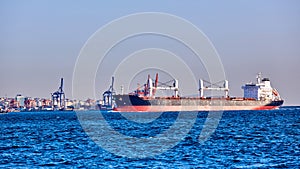 Blue Tanker Ship Passing in Bosphorus Strait